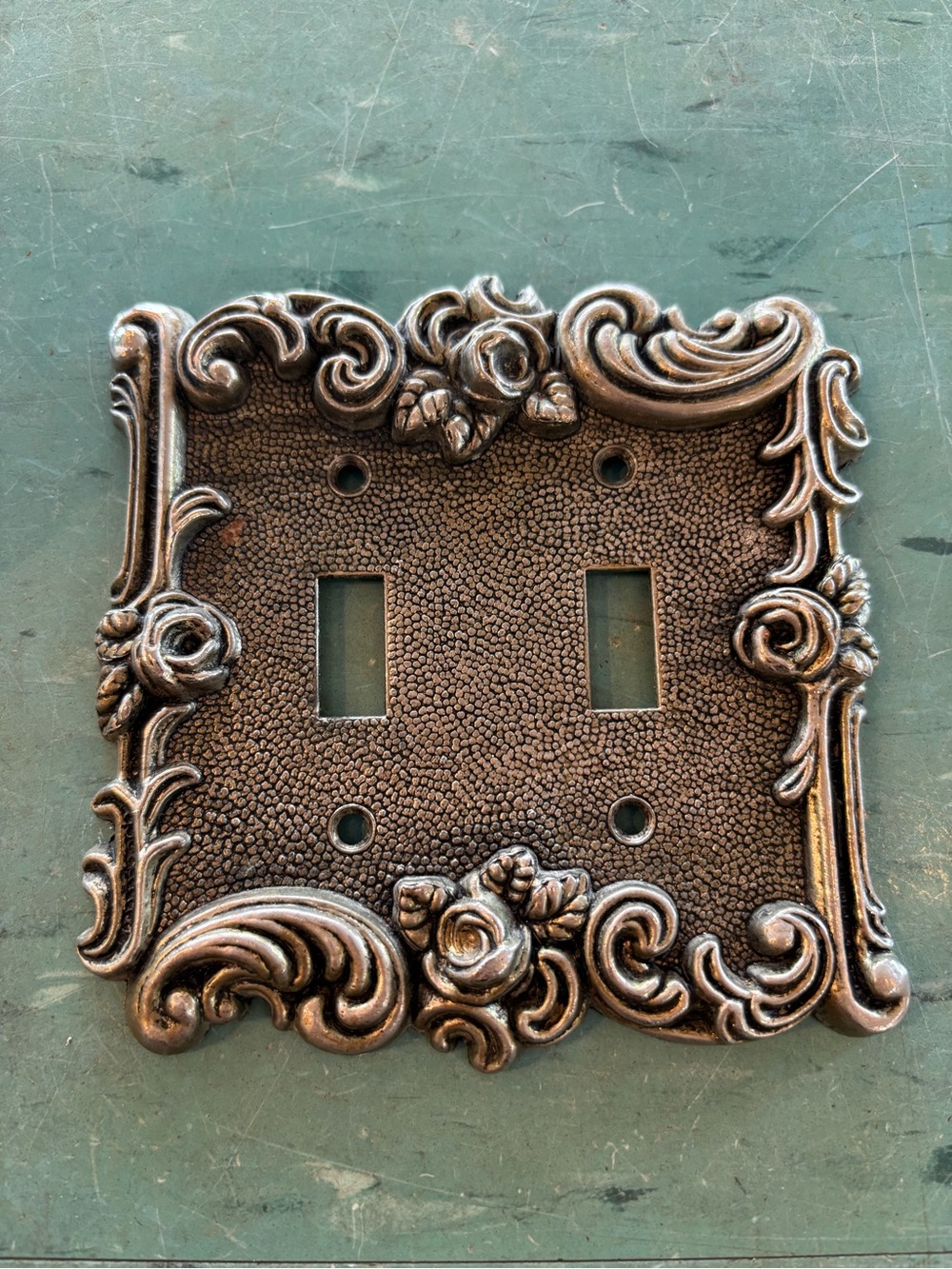 Vintage Double light switch cover Ornate Floral Design pewter silver tone